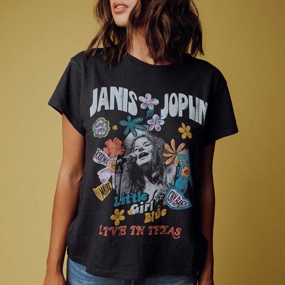 Boho Black Janis Joplin Floral Graphic Tee Rock - Picture 3 of 7